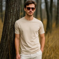 Beige Plain Round Neck T-Shirt